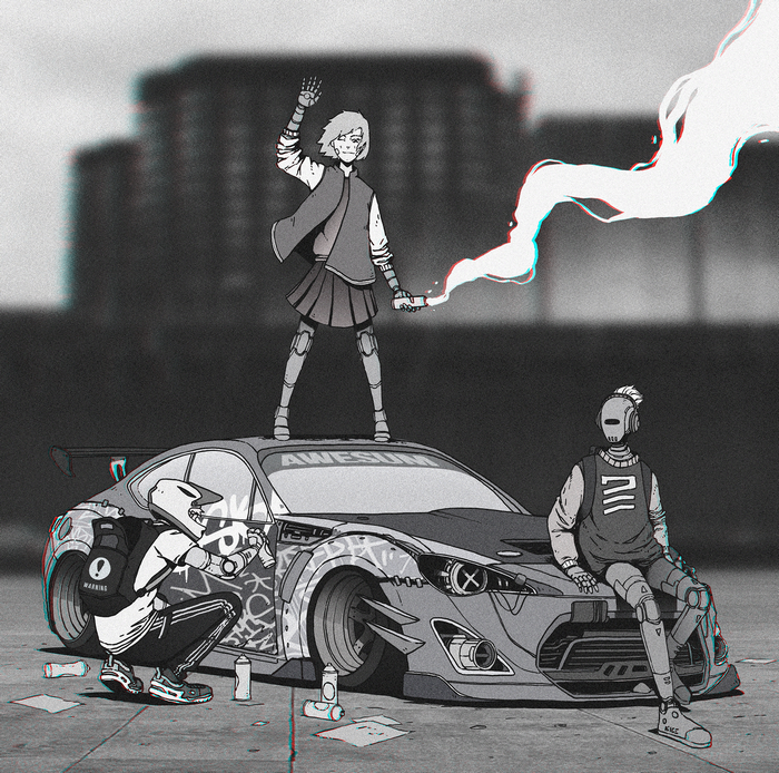 Graffiti artists and robots with a Subaru car