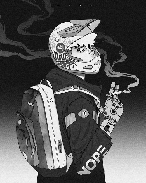 Oska character with a racing helmet and robotic arm