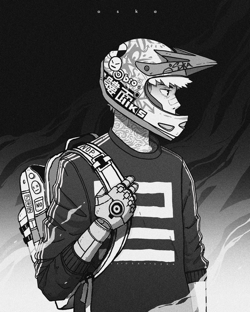 Anime boy with racing helmet and backpack
