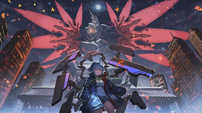 Anime girl with mechs in a city at night