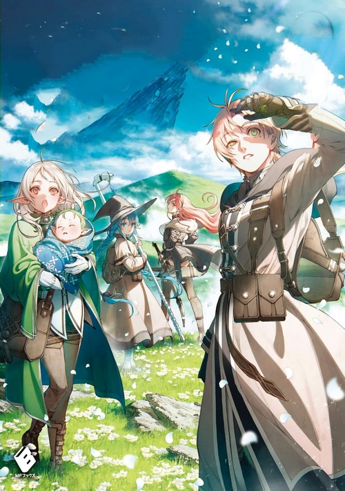 Mushoku Tensei: Rudeus, Roxy, Eris, and Sylphiette in a field