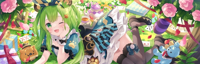 Girl with green hair in a tea party setting