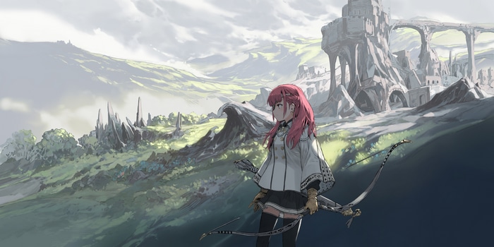4K landscape with a girl holding a bow