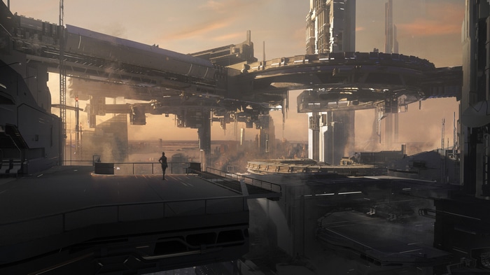 Futuristic city with a lone figure on a platform