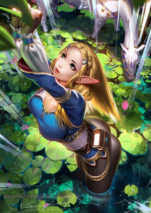 Princess Zelda reaching for leaves with a horse in a swamp