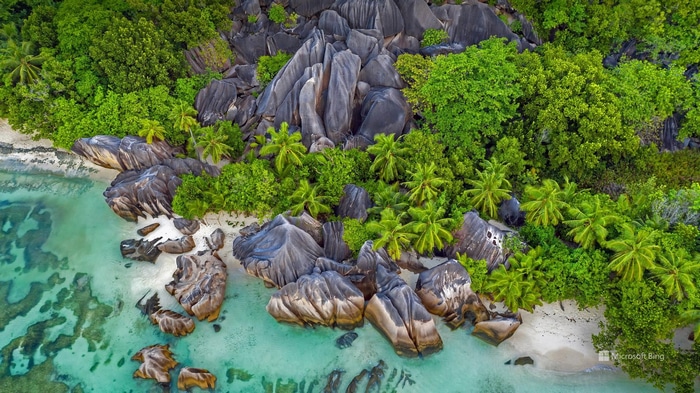 An aerial view of a tropical beach with granite boulders and palm trees