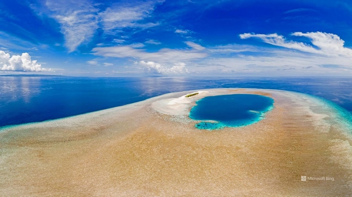 Aerial view of a coral reef lagoon with a small island