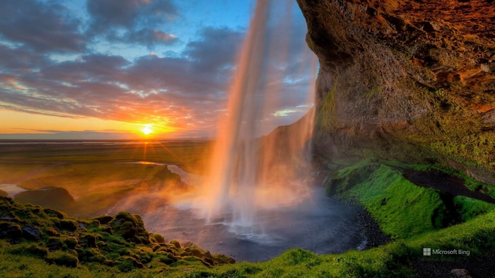 Seljalandsfoss Waterfall in Iceland at Sunset