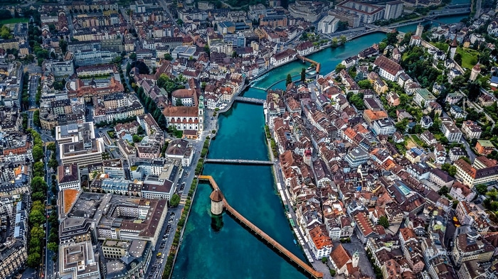 Chapel Bridge and Reuss River in Lucerne, Switzerland