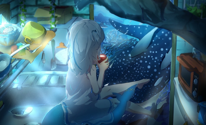 Gawr Gura drinks from a mug in a kitchen with sharks
