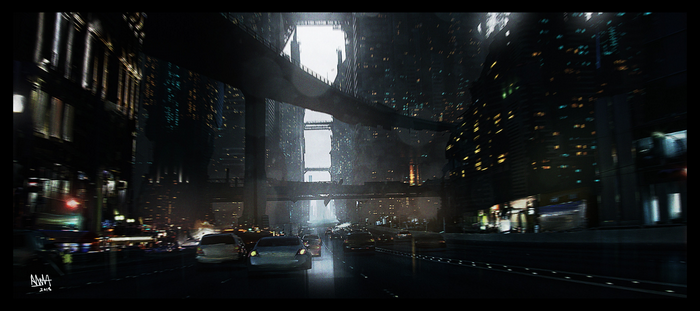 Futuristic city with traffic on a highway at night