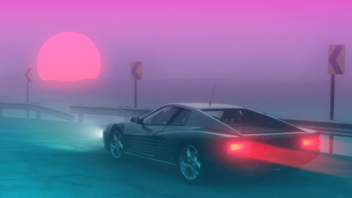 4K Ferrari Testarossa driving at sunset in mist