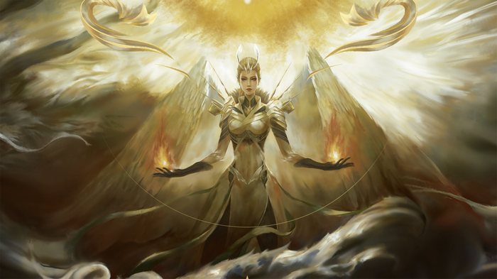 Angel with golden armor and fiery hands