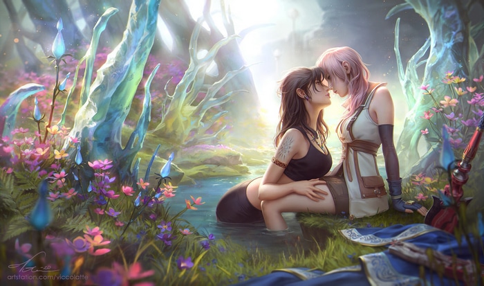 Oerba Yun Fang and Claire Farron in a fantasy forest