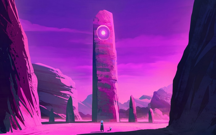 Fantasy art of a tall stone monolith in a purple landscape