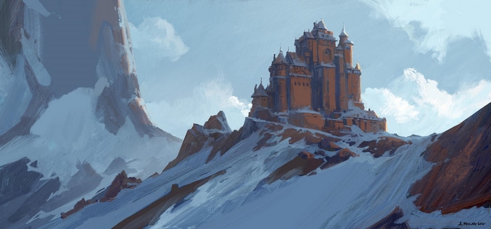 Fantasy castle on a snowy mountain peak