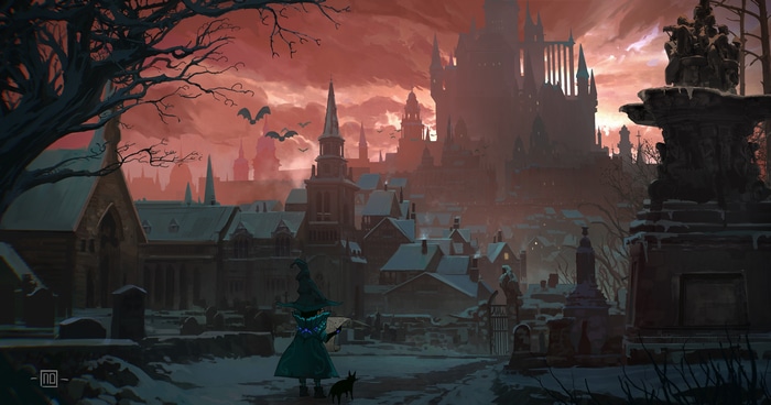 Fantasy city with witch and bats at dusk