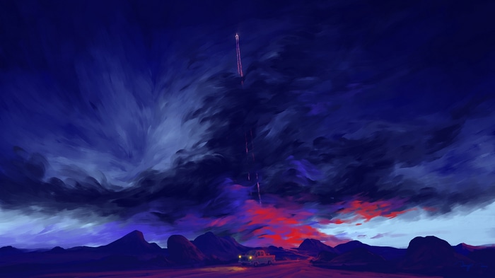 Car driving under a dramatic sky with rocket trails
