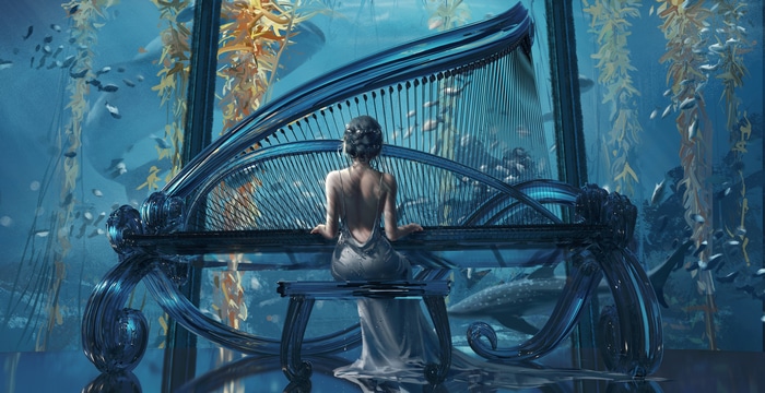 4K WLOP fantasy girl playing a piano underwater