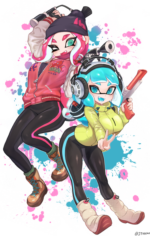 Two Octolings with Splatoon 2 gear and weapons