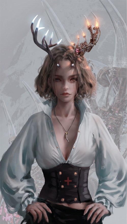 Fantasy girl with horns and steampunk crown by WLOP