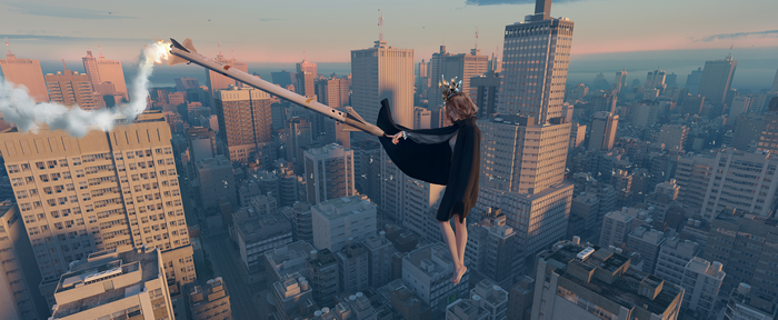 4K girl with cape flying over cityscape