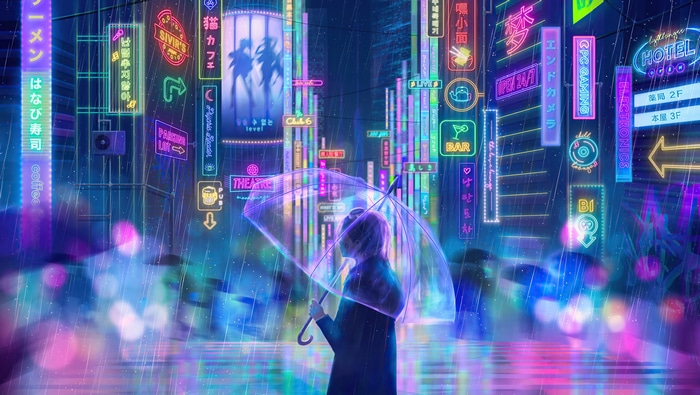 4K Rain in Neon City with Umbrella