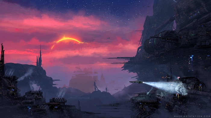Science fiction landscape with futuristic city and eclipse