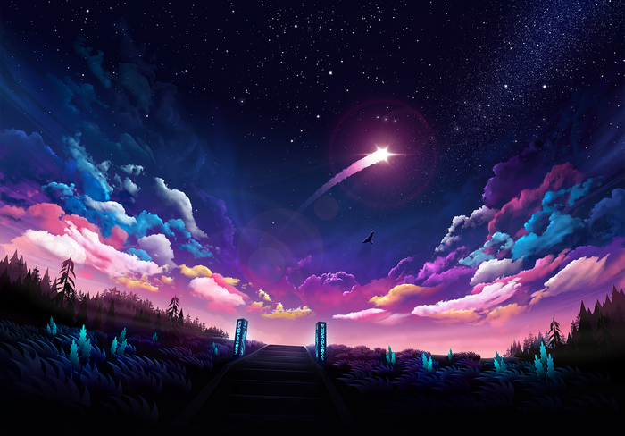 Colorful night sky with a comet and clouds