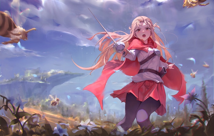 Anime girl with sword and red cape in a field