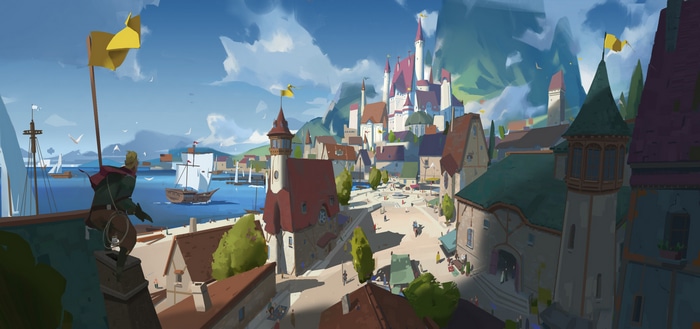 Fantasy cityscape with a castle and harbor