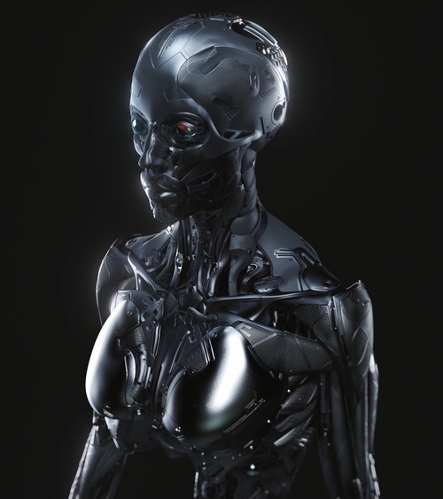 Futuristic robot with red eyes on black background