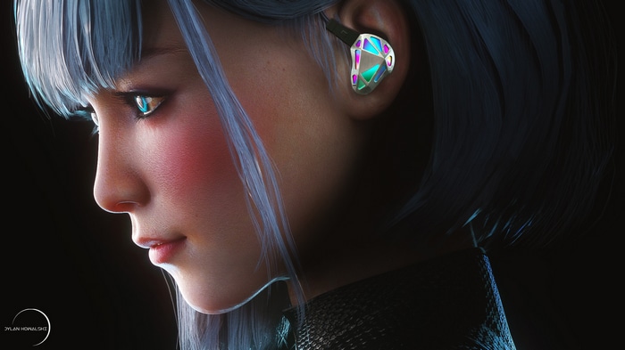 Digital art of a woman with blue hair and futuristic earpiece