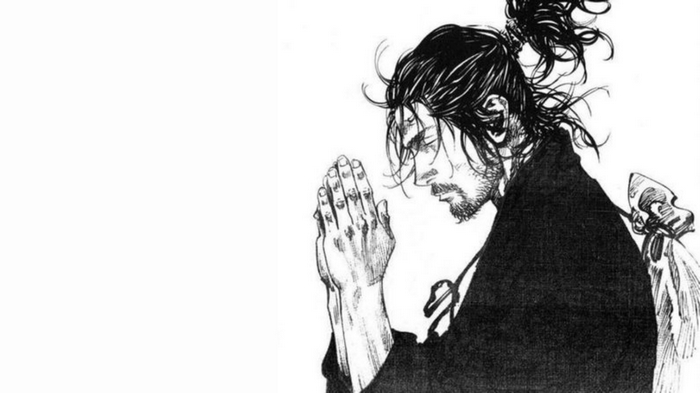 Miyamoto Musashi praying with hands clasped
