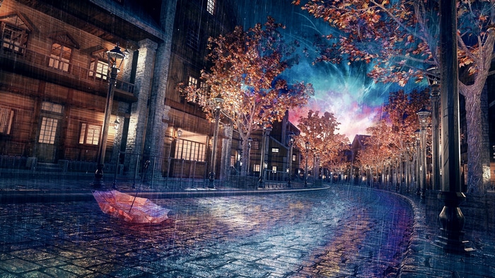 Rainy city street with an abandoned umbrella
