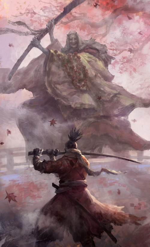 Artwork by Zhuoxin Ye featuring a warrior and a giant demon