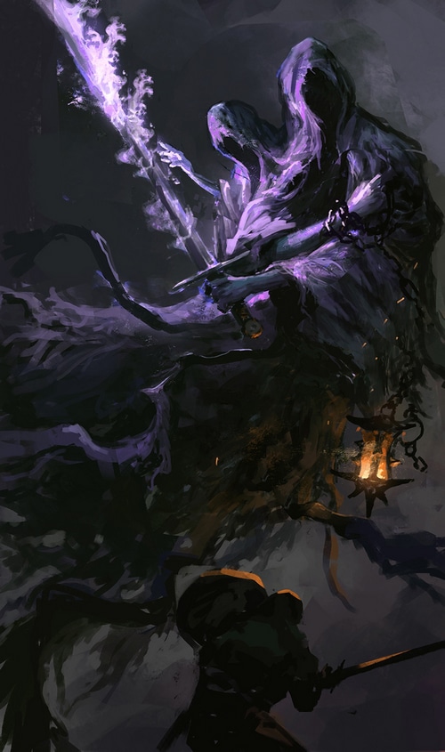 Dark fantasy artwork of spectral figures with a glowing sword