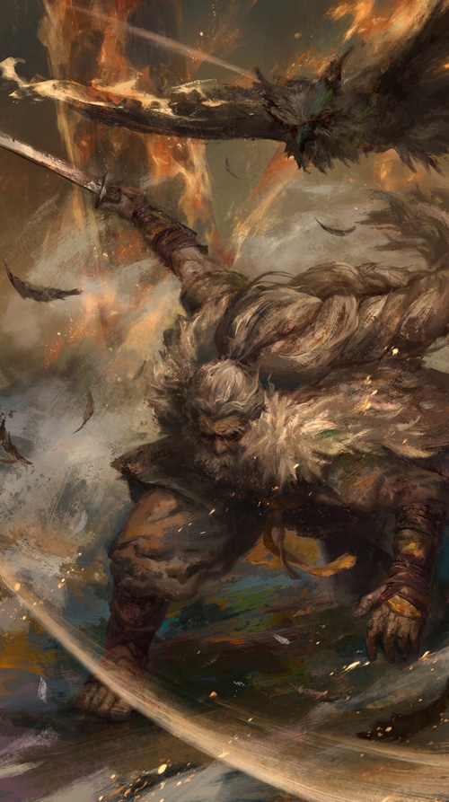 Dark Fantasy Warrior Fighting a Bird