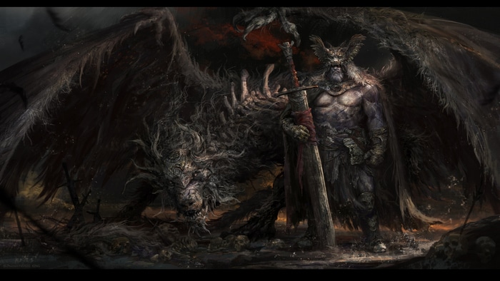 Dark Fantasy Artwork of a Winged Warrior and Dragon
