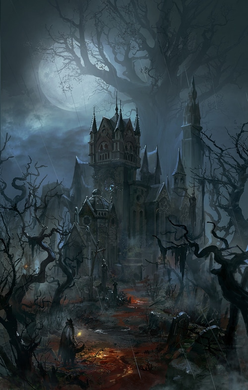 Dark fantasy artwork of a gothic castle in Bloodborne