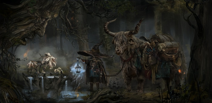 Dark fantasy scene with a witch and a yak