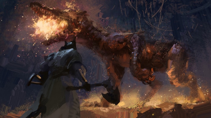 Artwork by Zhuoxin Ye: Knight fights a fire-breathing dinosaur
