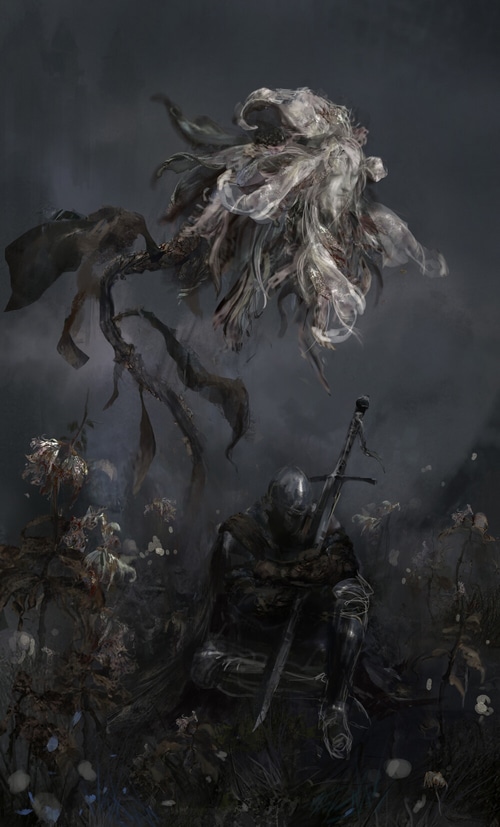 Dark Fantasy Artwork of a Knight and a Giant Flower
