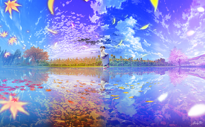 Anime girl by a reflective lake with sunflowers and falling leaves