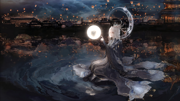 Fantasy girl holding a glowing moon in a dark landscape
