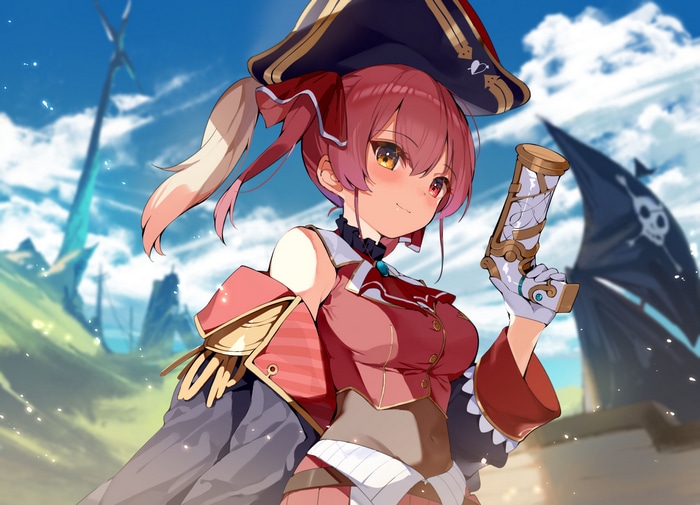 Houshou Marine holding a pistol with a pirate ship in the background