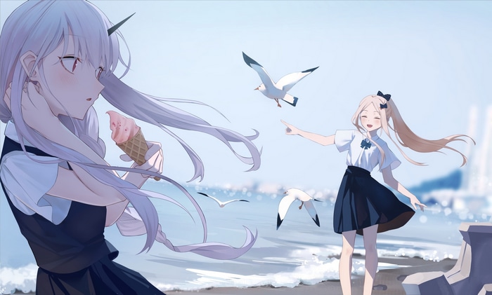 Two anime girls at the beach with seagulls and ice cream