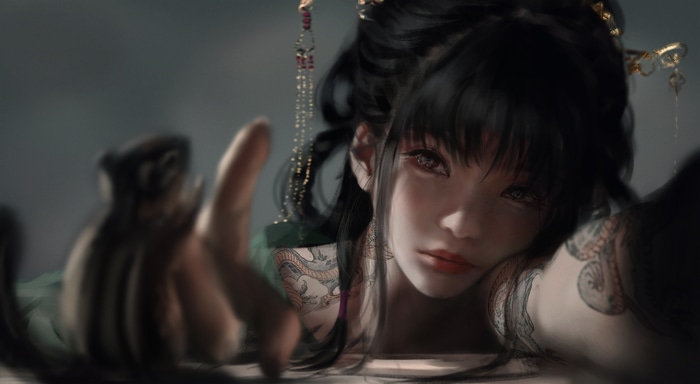 Fantasy art of a woman with tattoos
