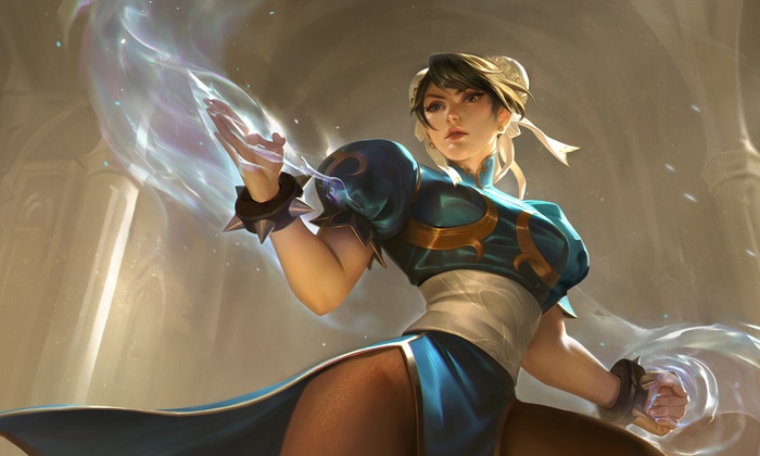Chun-Li from Street Fighter performing a special move