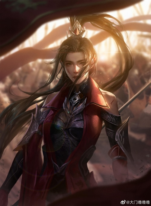 Fantasy warrior woman with long dark hair and crown